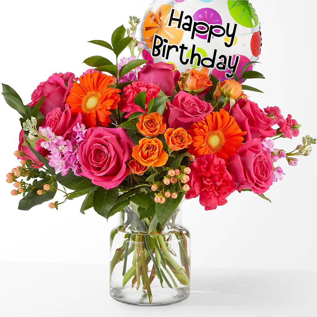 Fiesta Bouquet with Birthday Balloon – FRUIT & FLOWER CREATIONS, Portland OR