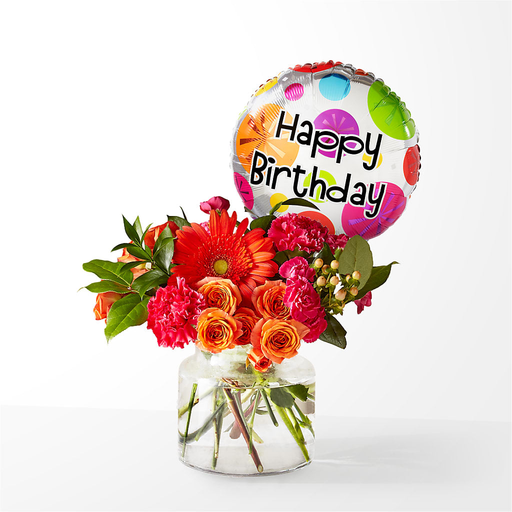 Fiesta Bouquet with Birthday Balloon – FRUIT & FLOWER CREATIONS, Portland OR