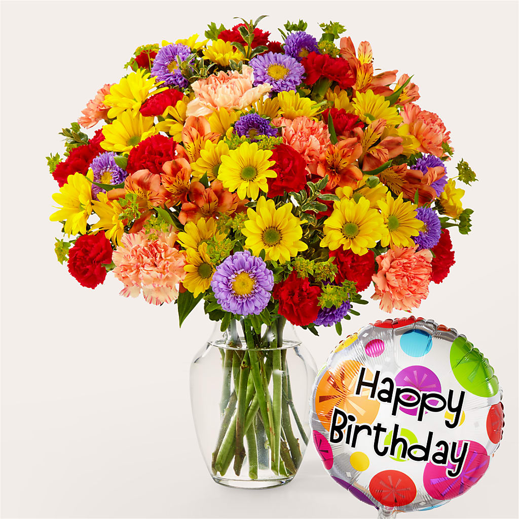 Kaleidoscope Bouquet with Birthday Balloon – FRUIT & FLOWER CREATIONS, Portland OR
