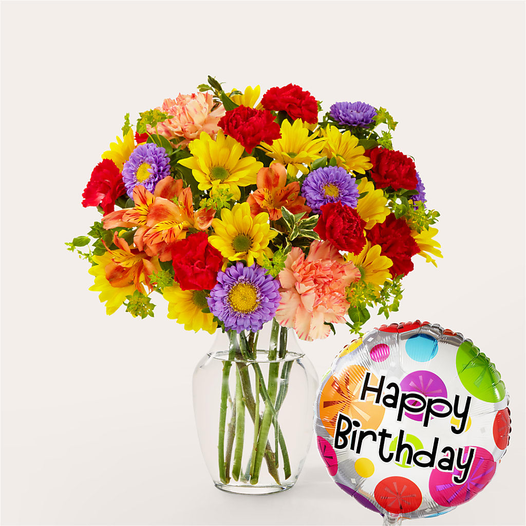 Kaleidoscope Bouquet with Birthday Balloon – FRUIT & FLOWER CREATIONS, Portland OR