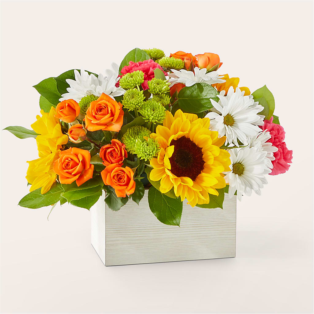 Sun-drenched Blooms Box Bouquet – FRUIT & FLOWER CREATIONS, Portland OR