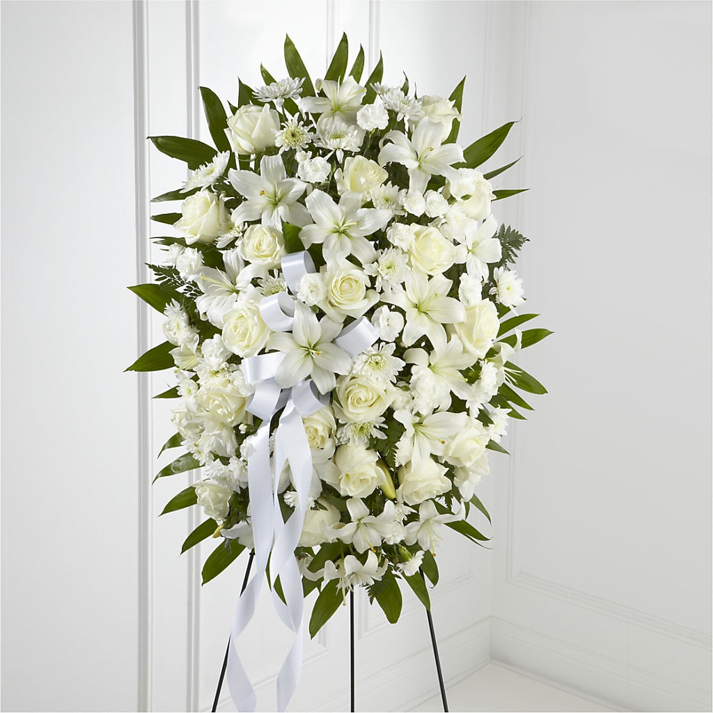 Exquisite Tribute Standing Spray-White Ribbon – FRUIT & FLOWER CREATIONS, Portland OR