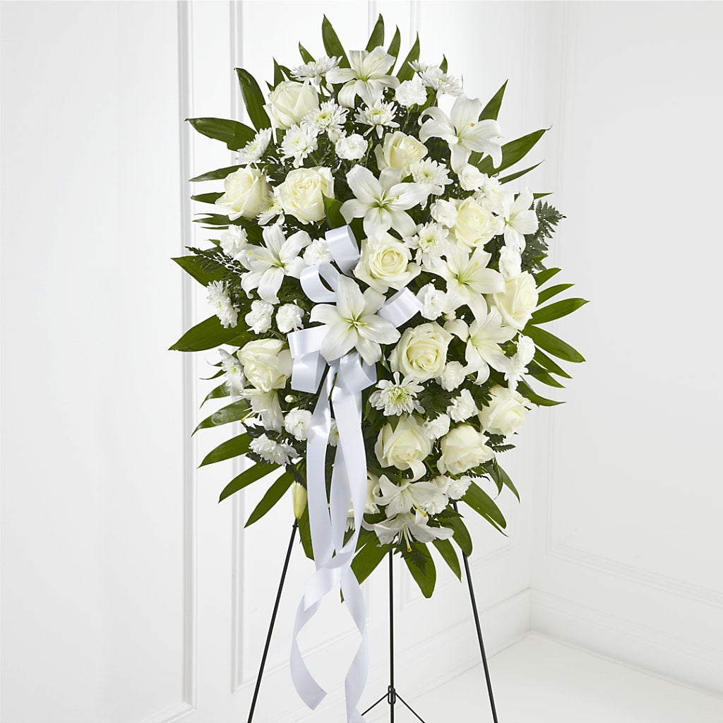 Exquisite Tribute Standing Spray-White Ribbon – FRUIT & FLOWER CREATIONS, Portland OR