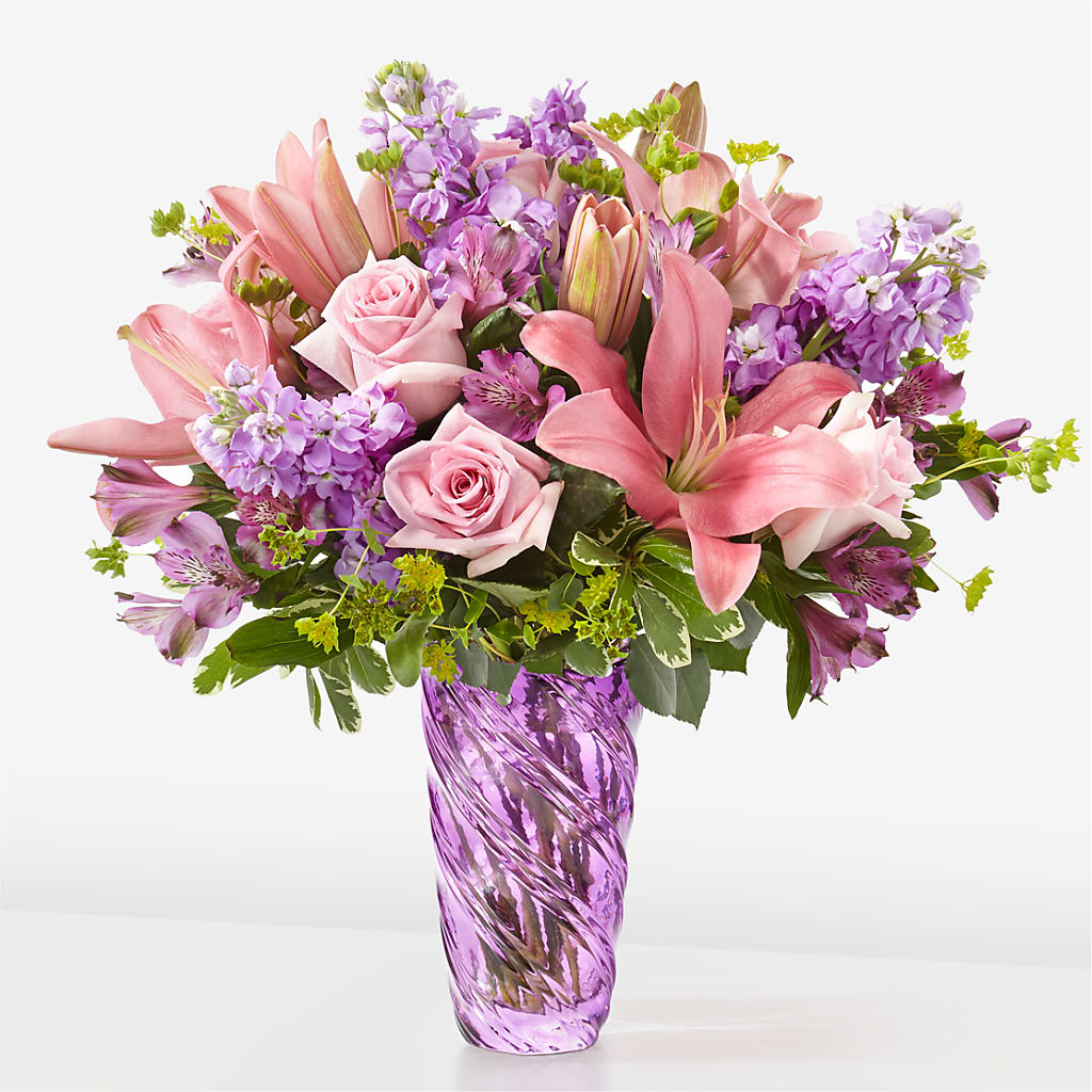 Precious Petals Bouquet with Luxe Swirl Vase – FRUIT & FLOWER CREATIONS, Portland OR
