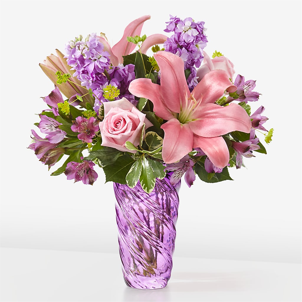 Precious Petals Bouquet with Luxe Swirl Vase – FRUIT & FLOWER CREATIONS, Portland OR