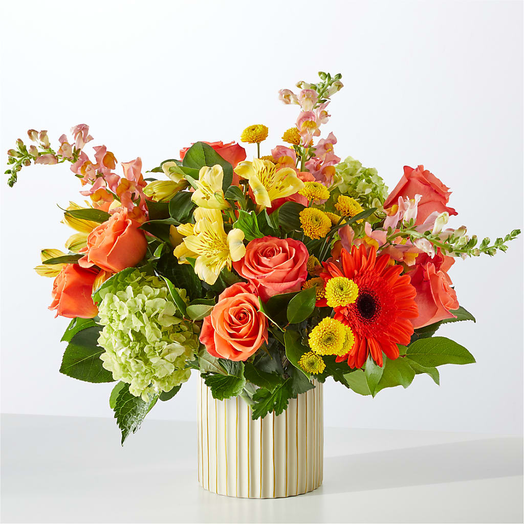 Autumn Sunshine Bouquet with Ivory Vase – FRUIT & FLOWER CREATIONS, Portland OR