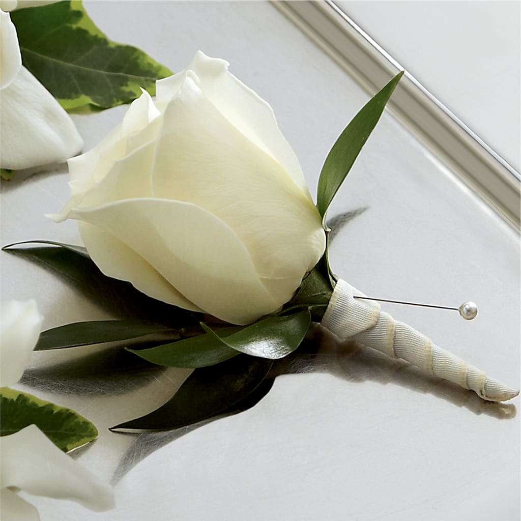 White Rose Boutonniere – FRUIT & FLOWER CREATIONS, Portland OR