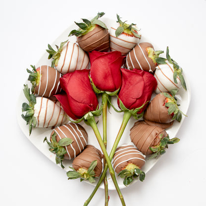 Valentines Day Bundle : Dozen Long Stem Red Roses & Dozen Chocolate Dipped Strawberries – FRUIT & FLOWER CREATIONS, Portland OR