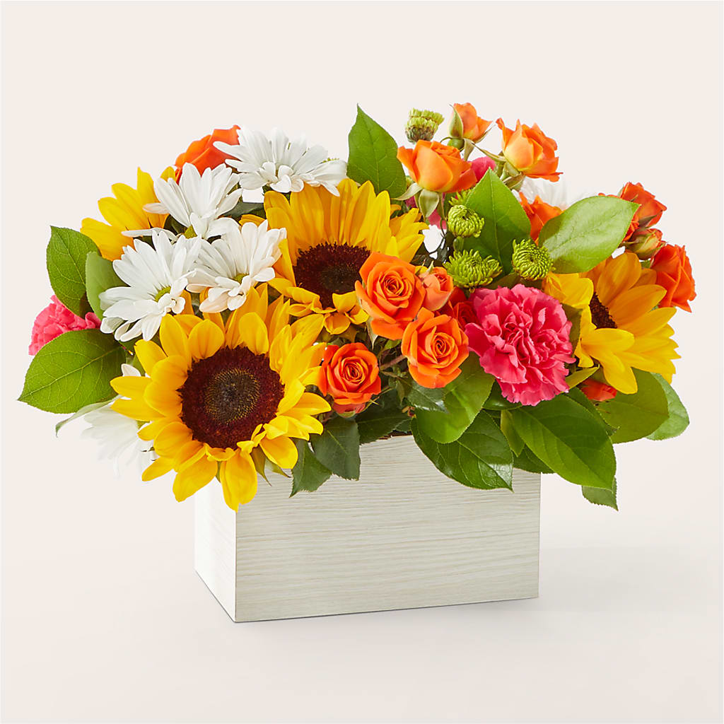 Sun-drenched Blooms Box Bouquet – FRUIT & FLOWER CREATIONS, Portland OR