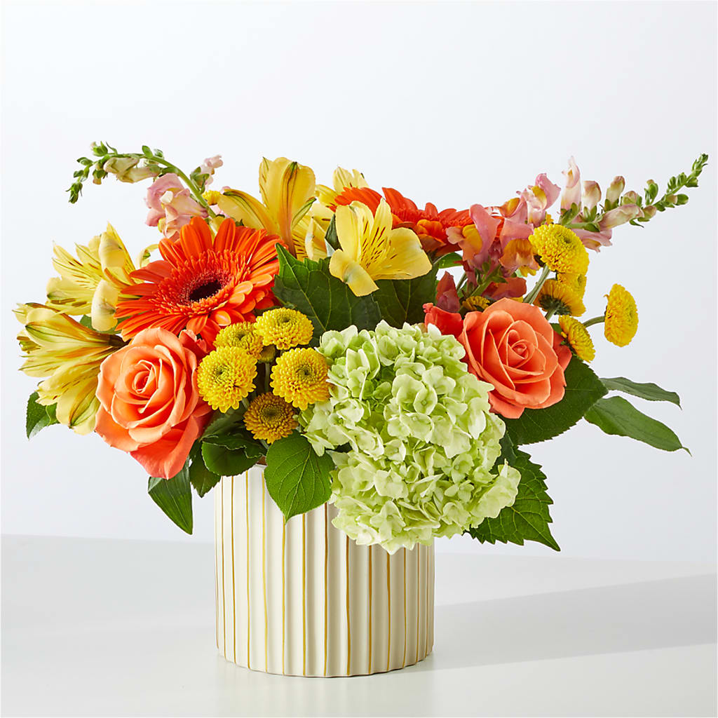 Autumn Sunshine Bouquet with Ivory Vase – FRUIT & FLOWER CREATIONS, Portland OR