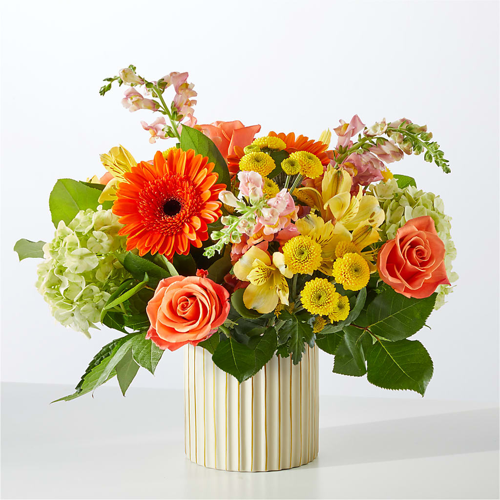 Autumn Sunshine Bouquet with Ivory Vase – FRUIT & FLOWER CREATIONS, Portland OR