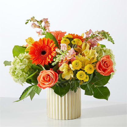 Autumn Sunshine Bouquet with Ivory Vase – FRUIT & FLOWER CREATIONS, Portland OR