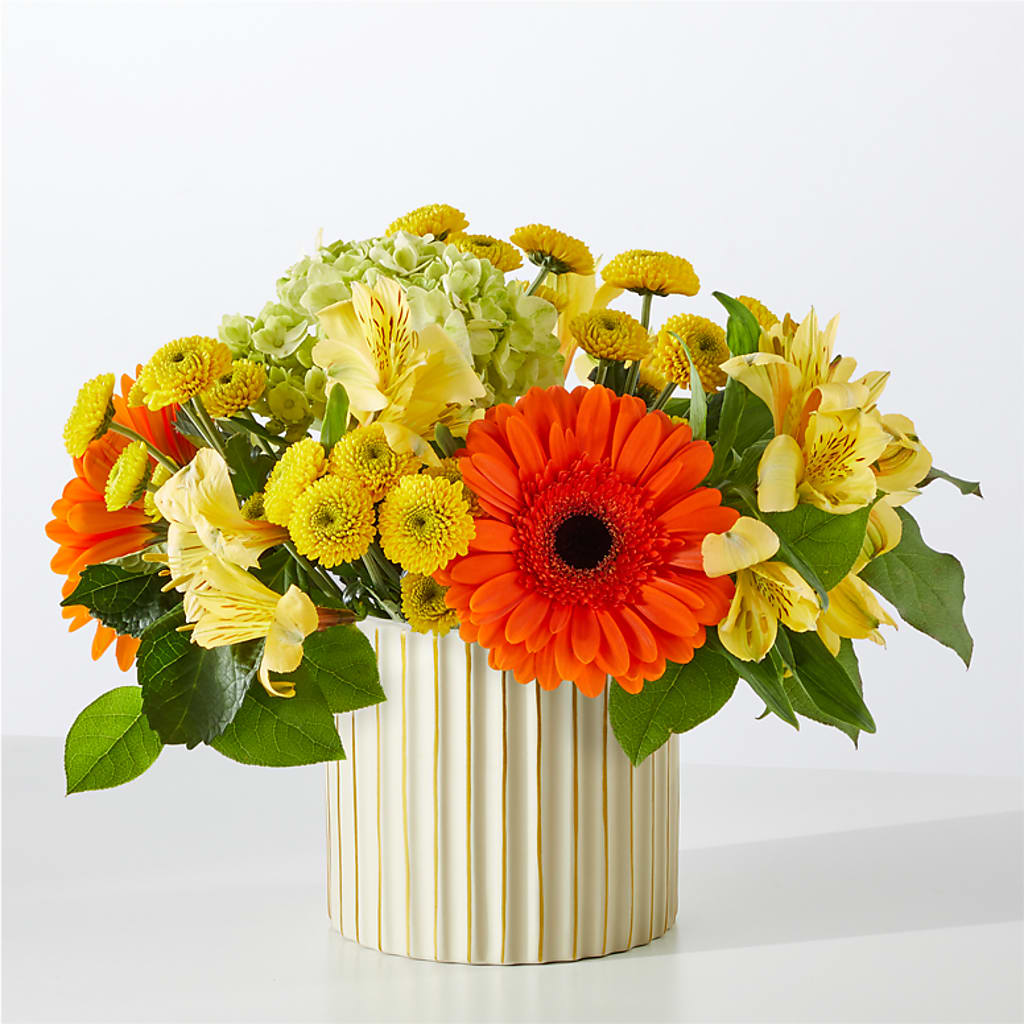 Autumn Sunshine Bouquet with Ivory Vase – FRUIT & FLOWER CREATIONS, Portland OR