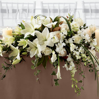 White Linen Arrangement – FRUIT & FLOWER CREATIONS, Portland OR