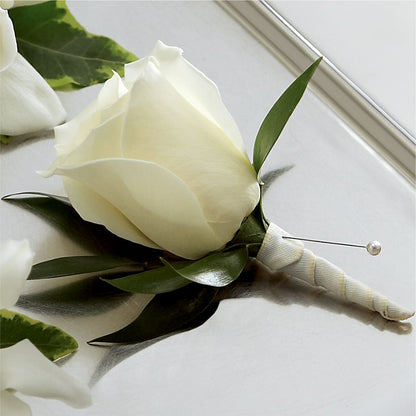 White Rose Boutonniere – FRUIT & FLOWER CREATIONS, Portland OR